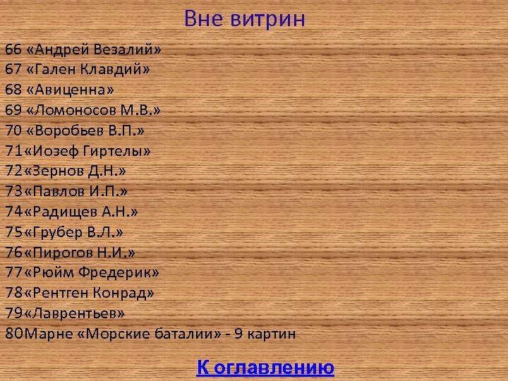 Вне витрин 66 «Андрей Везалий» 67 «Гален Клавдий» 68 «Авиценна» 69 «Ломоносов М. В.