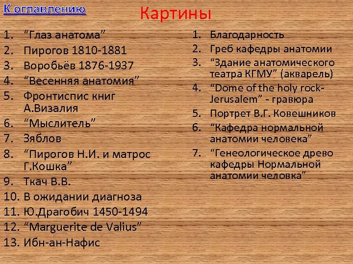 К оглавлению 1. 2. 3. 4. 5. Картины “Глаз анатома” Пирогов 1810 -1881 Воробьёв