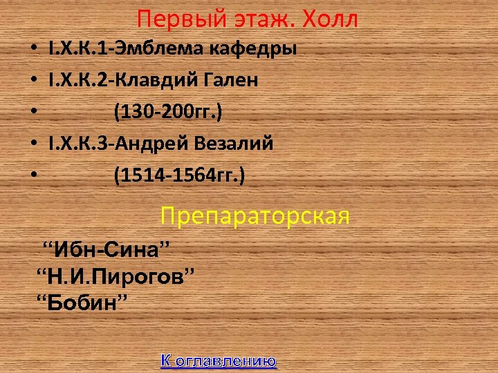  • • • Первый этаж. Холл I. Х. К. 1 -Эмблема кафедры I.