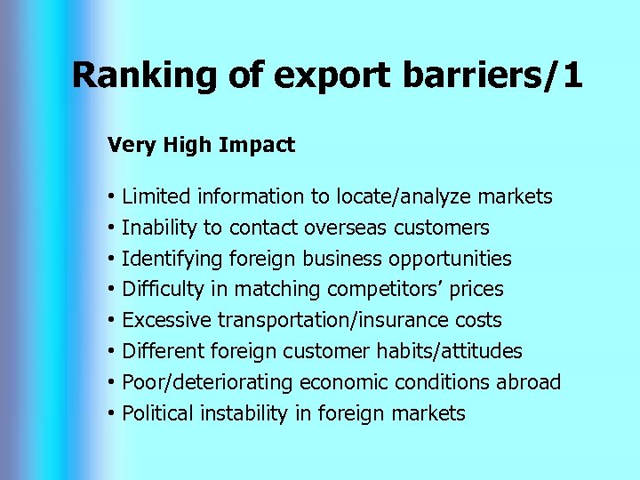 Ranking of export barriers/1 Very High Impact • • Limited information to locate/analyze markets
