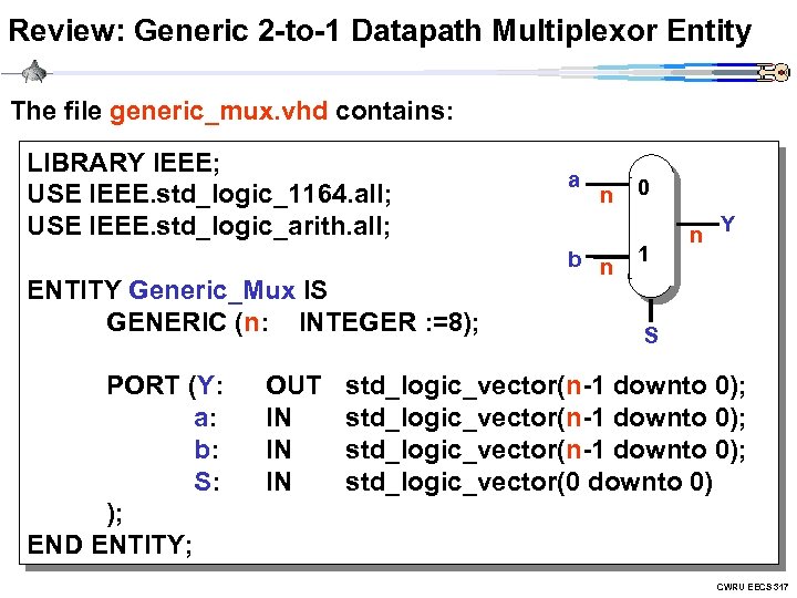 Review: Generic 2 -to-1 Datapath Multiplexor Entity The file generic_mux. vhd contains: LIBRARY IEEE;