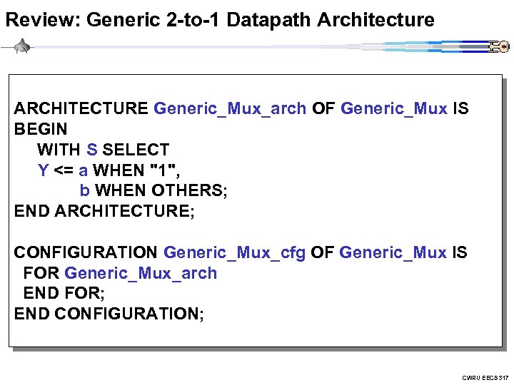 Review: Generic 2 -to-1 Datapath Architecture ARCHITECTURE Generic_Mux_arch OF Generic_Mux IS BEGIN WITH S