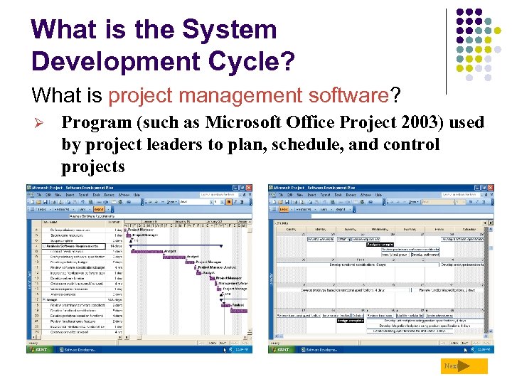 What is the System Development Cycle? What is project management software? Ø Program (such