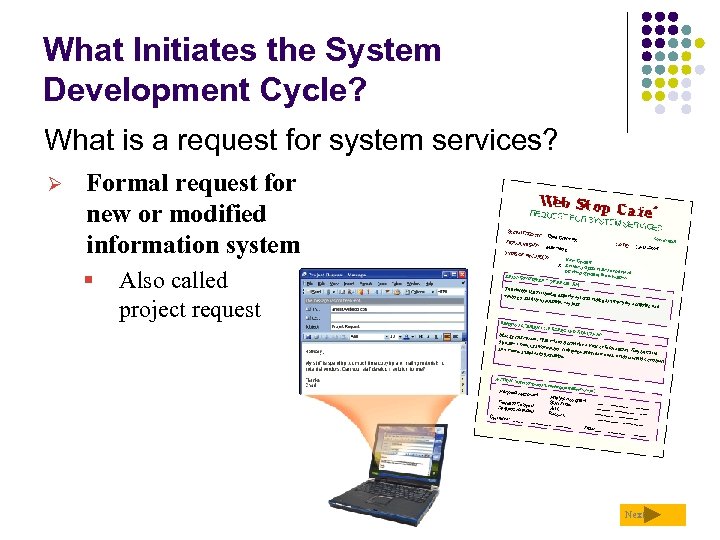 What Initiates the System Development Cycle? What is a request for system services? Ø