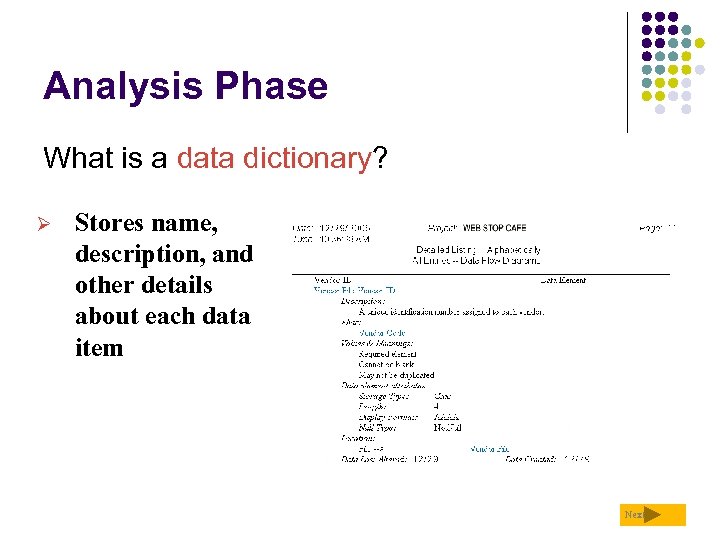 Analysis Phase What is a data dictionary? Ø Stores name, description, and other details