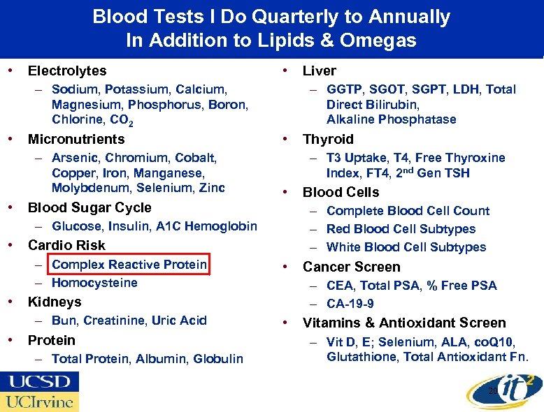Blood Tests I Do Quarterly to Annually In Addition to Lipids & Omegas •