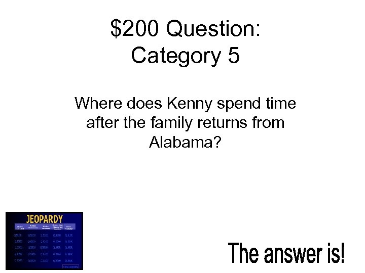 $200 Question: Category 5 Where does Kenny spend time after the family returns from