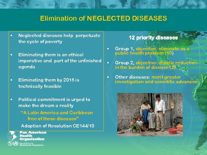 Elimination of NEGLECTED DISEASES • Neglected diseases help perpetuate the cycle of poverty 12