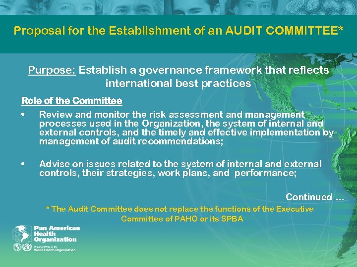 Proposal for the Establishment of an AUDIT COMMITTEE* Purpose: Establish a governance framework that