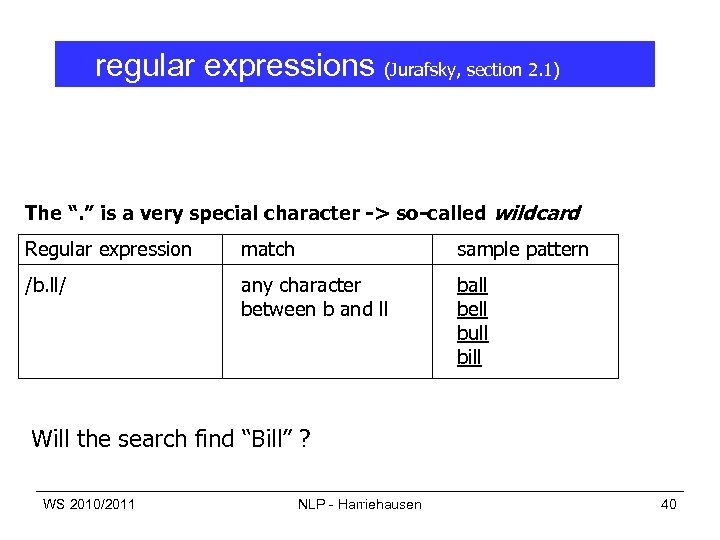 regular expressions (Jurafsky, section 2. 1) The “. ” is a very special character