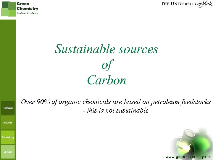 Sustainable sources of Carbon Over 90% of organic chemicals are based on petroleum feedstocks
