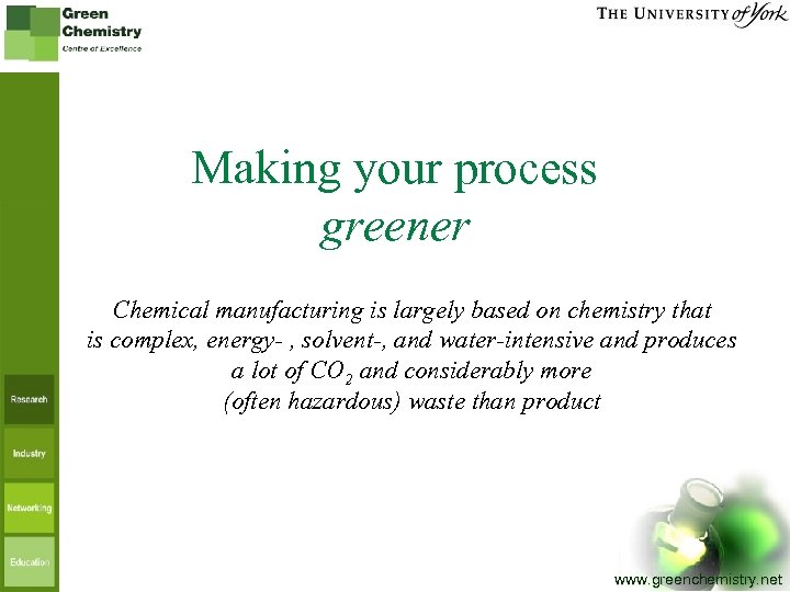 Making your process greener Chemical manufacturing is largely based on chemistry that is complex,