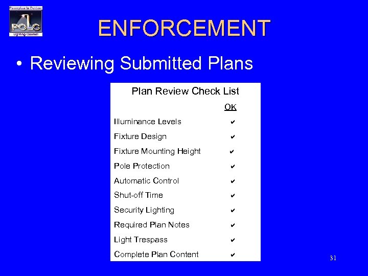 ENFORCEMENT • Reviewing Submitted Plans Plan Review Check List OK Illuminance Levels a Fixture