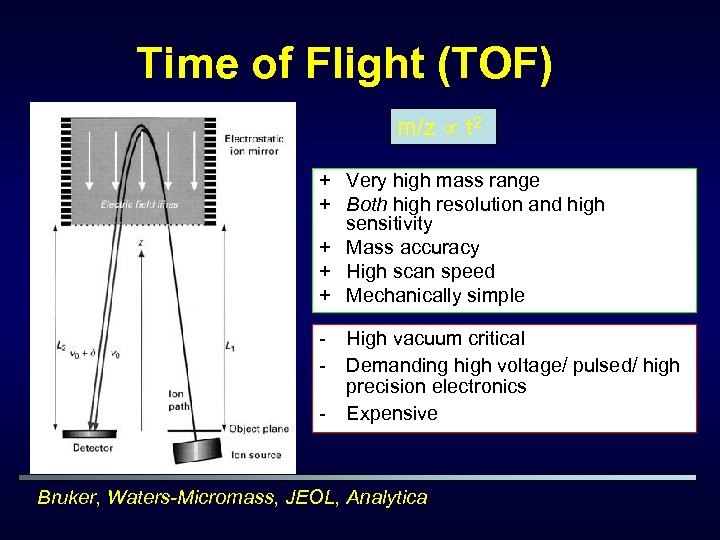 Time of Flight (TOF) m/z t 2 + Very high mass range + Both