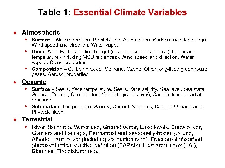 Table 1: Essential Climate Variables ♦ Atmospheric • Surface – Air temperature, Precipitation, Air