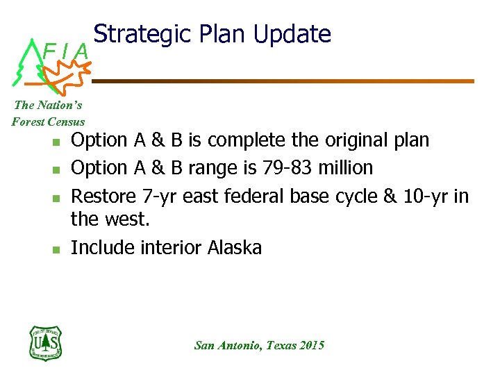 FIA Strategic Plan Update The Nation’s Forest Census n n Option A & B