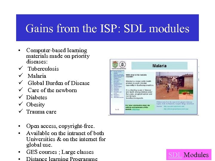 Gains from the ISP: SDL modules • Computer-based learning materials made on priority diseases: