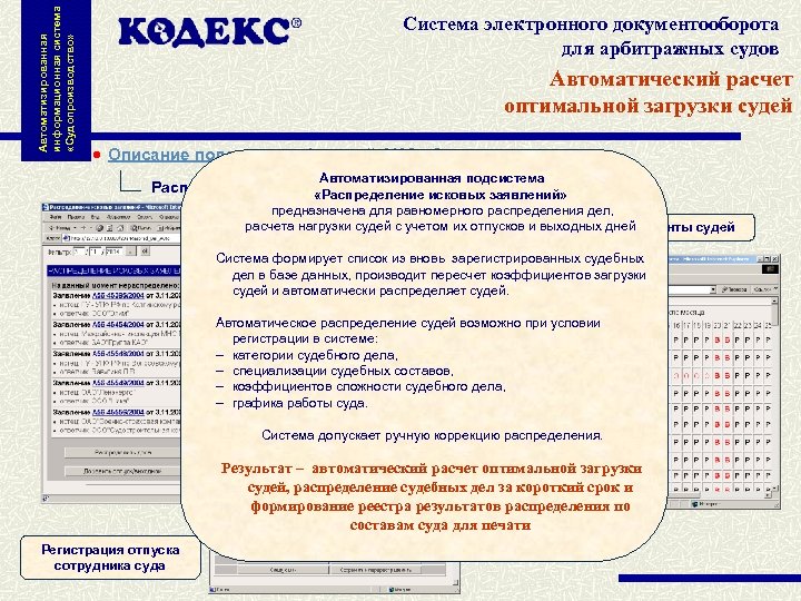 Автоматизированная информационная система «Судопроизводство» Система электронного документооборота для арбитражных судов Автоматический расчет оптимальной загрузки