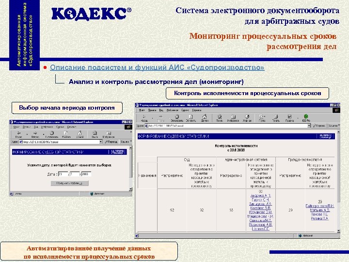 Автоматизированная информационная система «Судопроизводство» Система электронного документооборота для арбитражных судов Мониторинг процессуальных сроков рассмотрения