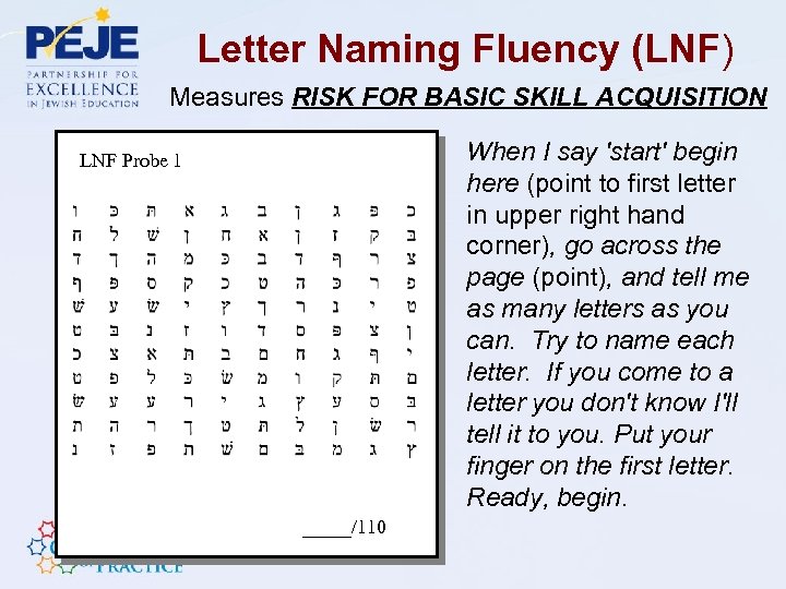 Letter Naming Fluency (LNF) Measures RISK FOR BASIC SKILL ACQUISITION When I say 'start'