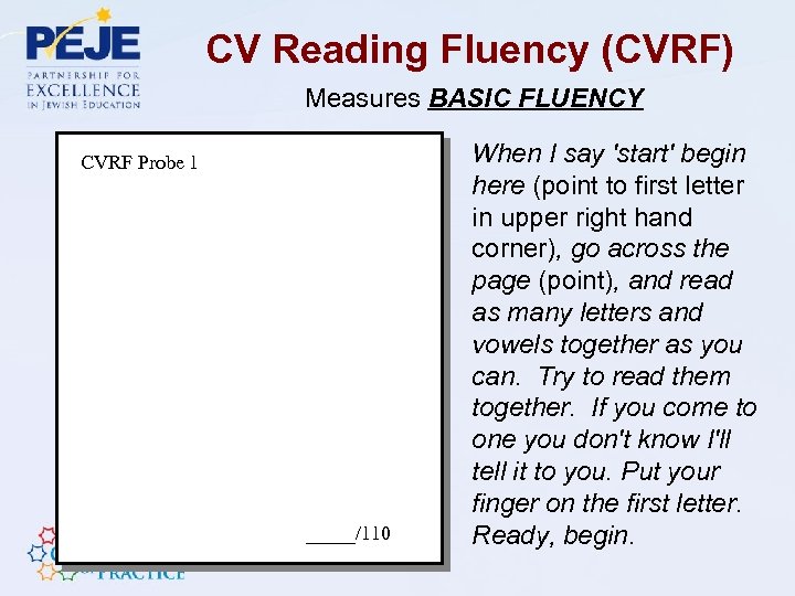 CV Reading Fluency (CVRF) Measures BASIC FLUENCY CVRF Probe 1 _____/110 When I say