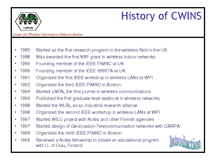 History of CWINS Center for Wireless Information Network Studies • 1985 Started as the