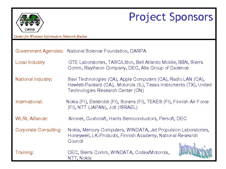 Project Sponsors Center for Wireless Information Network Studies Government Agencies: National Science Foundation, DARPA