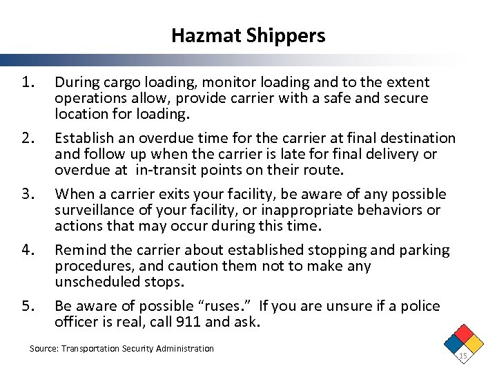 Hazmat Shippers 1. 2. 3. 4. 5. During cargo loading, monitor loading and to