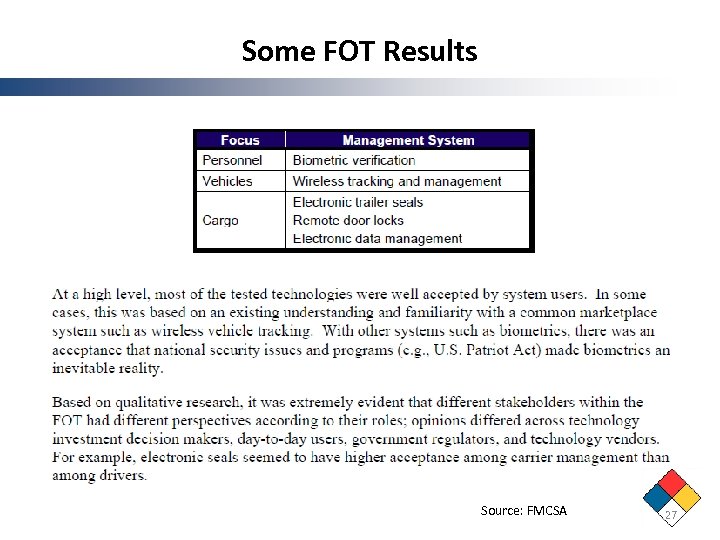 Some FOT Results Source: FMCSA 27 