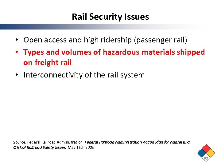 Rail Security Issues • Open access and high ridership (passenger rail) • Types and