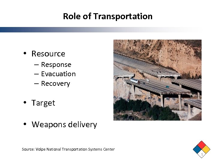 Role of Transportation • Resource – Response – Evacuation – Recovery • Target •