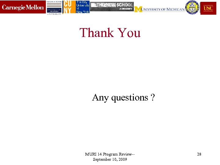 Thank You Any questions ? MURI 14 Program Review-September 10, 2009 28 