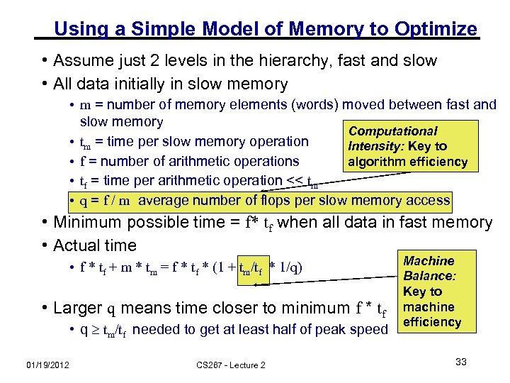 Using a Simple Model of Memory to Optimize • Assume just 2 levels in