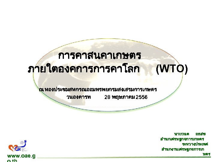 การคาสนคาเกษตร ภายใตองคการการคาโลก (WTO) ณ หองประชมสหกรณออมทรพยกรมสงเสรมการเกษตร วนองคารท 28 พฤษภาคม 2556 www. oae. g นายวนต อธสข