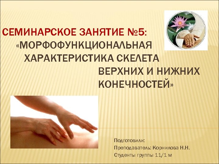 СЕМИНАРСКОЕ ЗАНЯТИЕ № 5: «МОРФОФУНКЦИОНАЛЬНАЯ ХАРАКТЕРИСТИКА СКЕЛЕТА ВЕРХНИХ И НИЖНИХ КОНЕЧНОСТЕЙ» Подготовили: Преподаватель: Корнилова