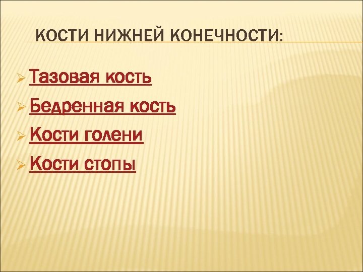 КОСТИ НИЖНЕЙ КОНЕЧНОСТИ: Ø Тазовая кость Ø Бедренная кость Ø Кости голени Ø Кости