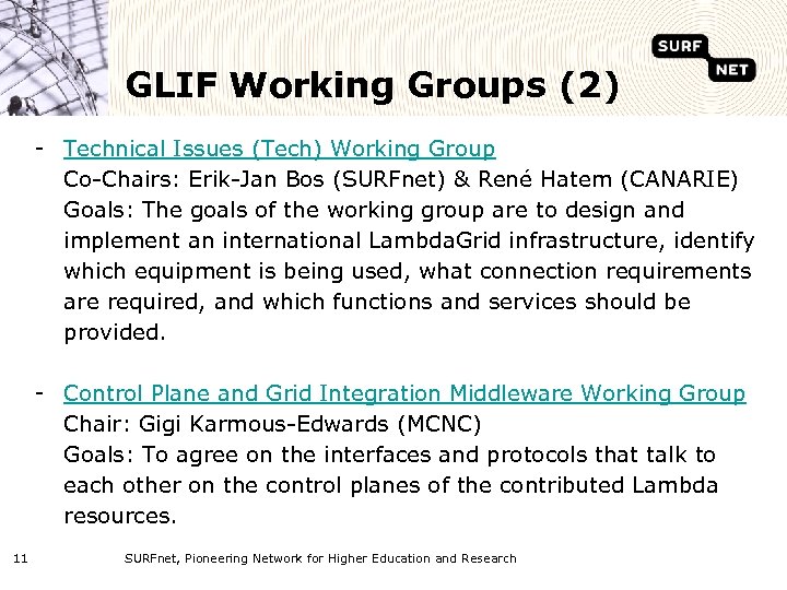 GLIF Working Groups (2) - Technical Issues (Tech) Working Group Co-Chairs: Erik-Jan Bos (SURFnet)
