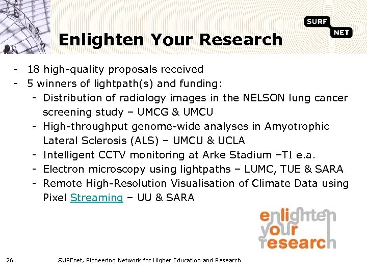 Enlighten Your Research - 18 high-quality proposals received - 5 winners of lightpath(s) and