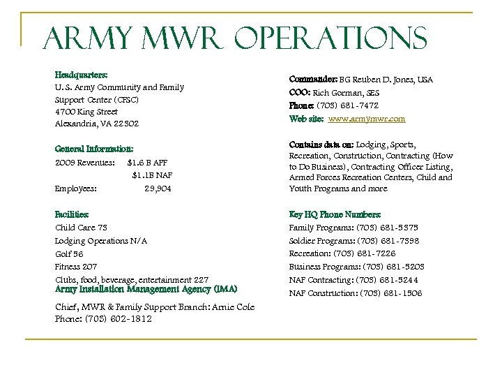 Army MWR Operations Headquarters: U. S. Army Community and Family Support Center (CFSC) 4700