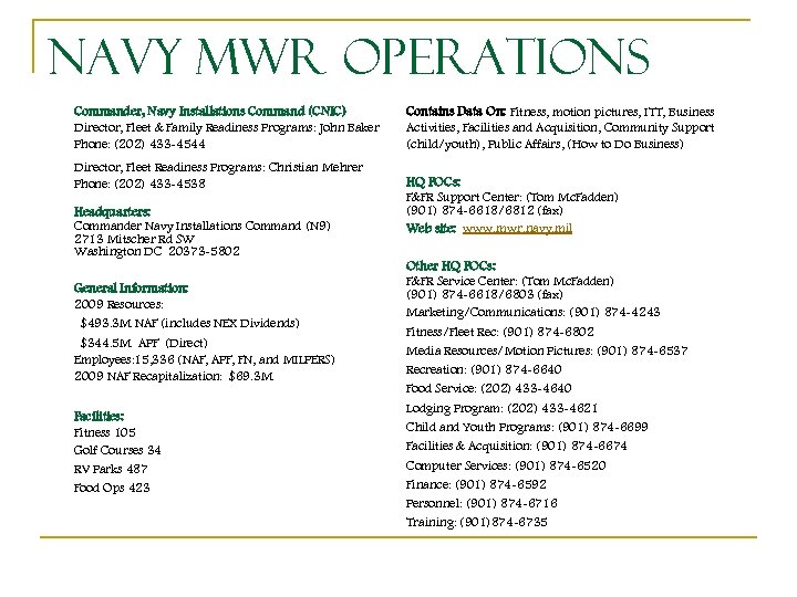 Navy MWR Operations Commander, Navy Installations Command (CNIC) Director, Fleet & Family Readiness Programs: