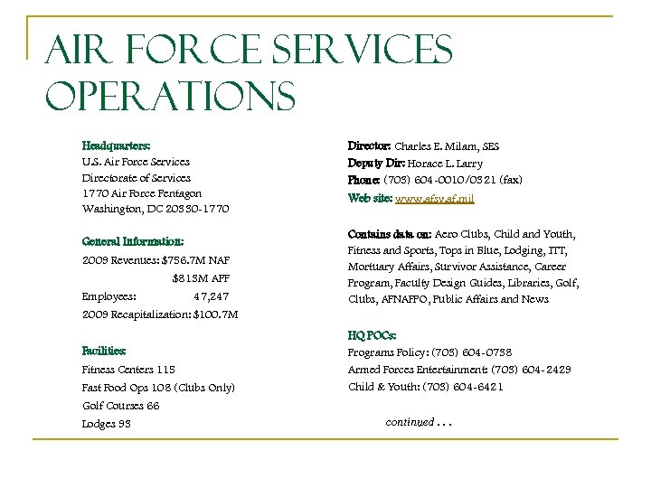 Air Force Services Operations Headquarters: U. S. Air Force Services Directorate of Services 1770