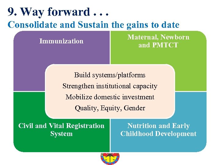 9. Way forward. . . Consolidate and Sustain the gains to date Immunization Maternal,