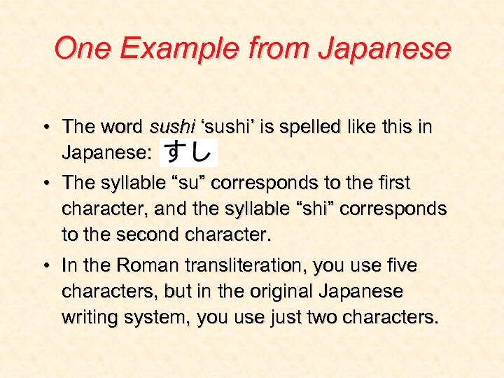 One Example from Japanese • The word sushi ‘sushi’ is spelled like this in