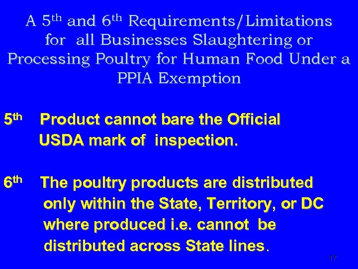 A 5 th and 6 th Requirements/Limitations for all Businesses Slaughtering or Processing Poultry