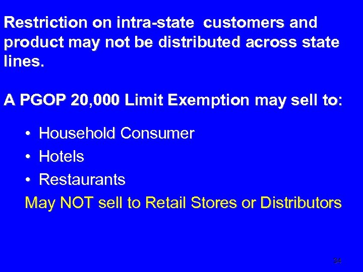 Restriction on intra-state customers and product may not be distributed across state lines. A