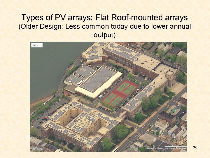 Types of PV arrays: Flat Roof-mounted arrays (Older Design: Less common today due to