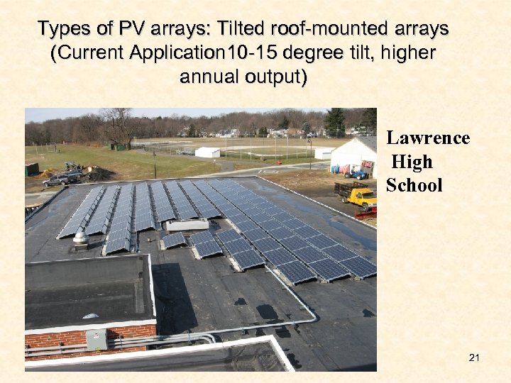 Types of PV arrays: Tilted roof-mounted arrays (Current Application 10 -15 degree tilt, higher