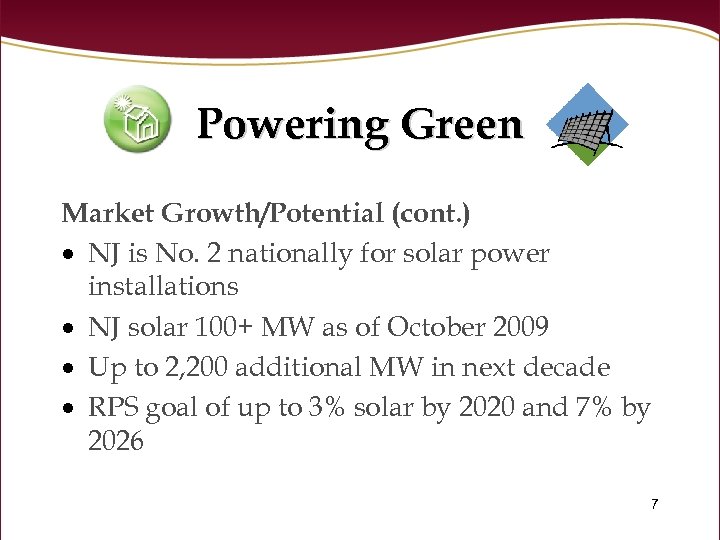 Powering Green Market Growth/Potential (cont. ) NJ is No. 2 nationally for solar power