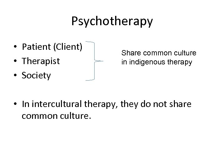 Psychotherapy • Patient (Client) • Therapist • Society Share common culture in indigenous therapy