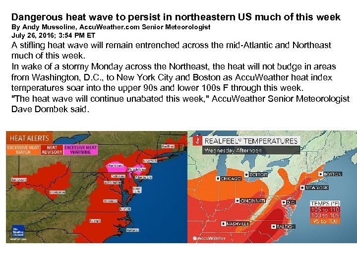 Dangerous heat wave to persist in northeastern US much of this week By Andy